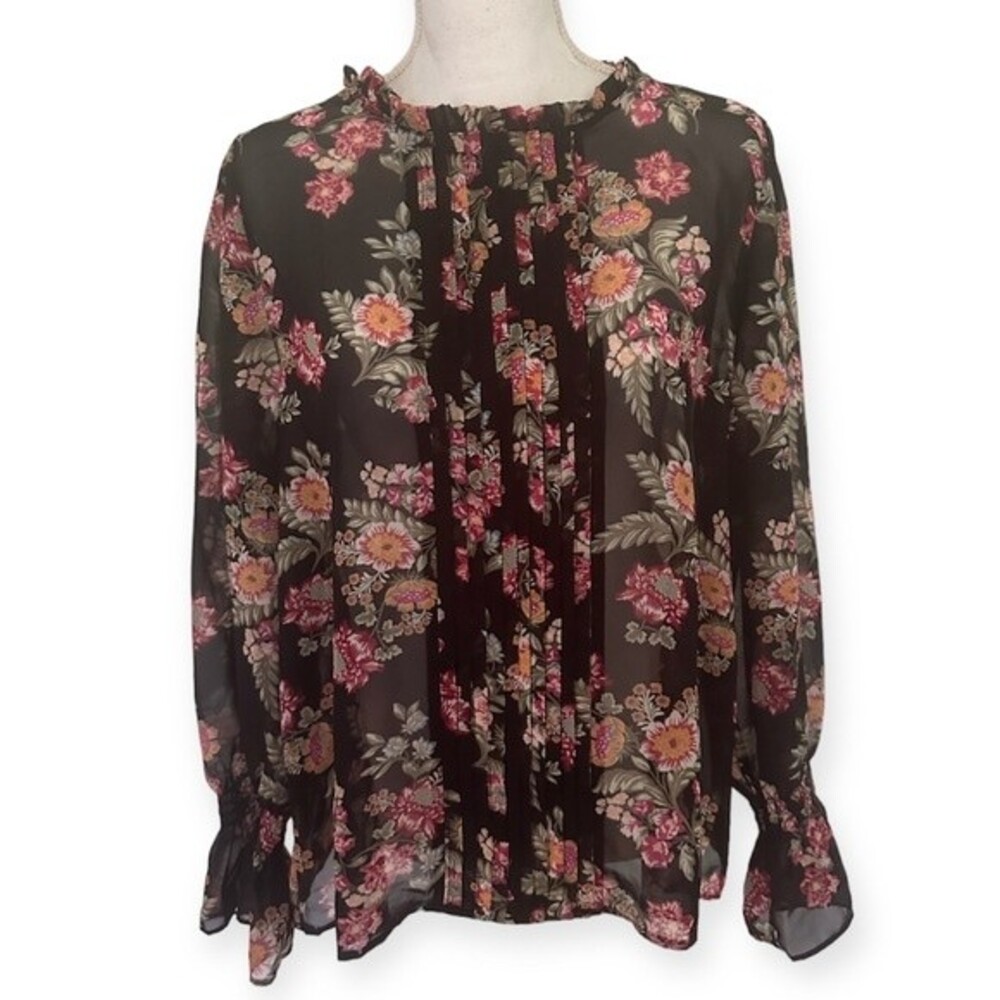 Pink Rose Floral Long Sleeve Pleated Blouse